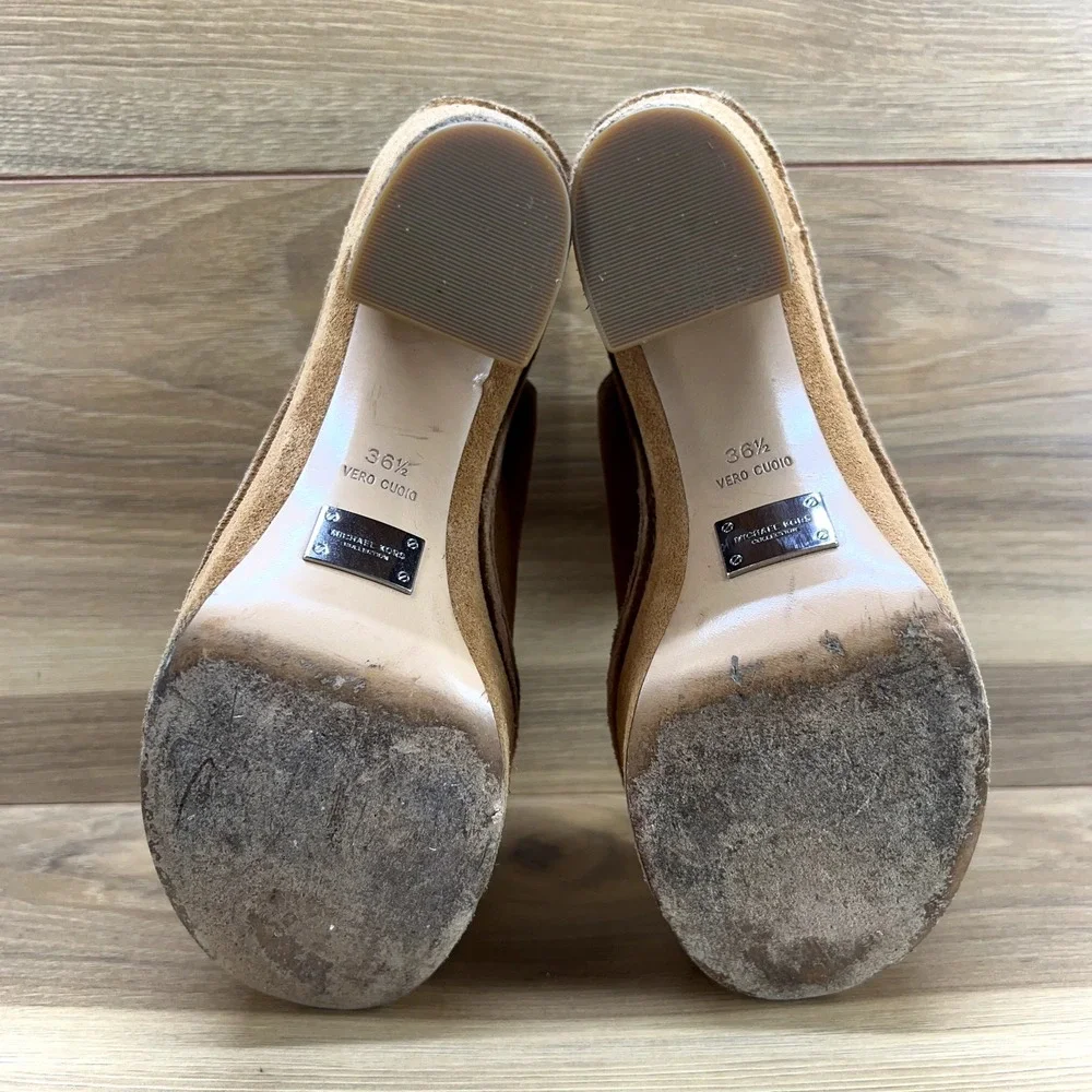Michael Kors Collection 6.5 EU 36.5 Tan Suede Platform Chunky Peep Toe Heels